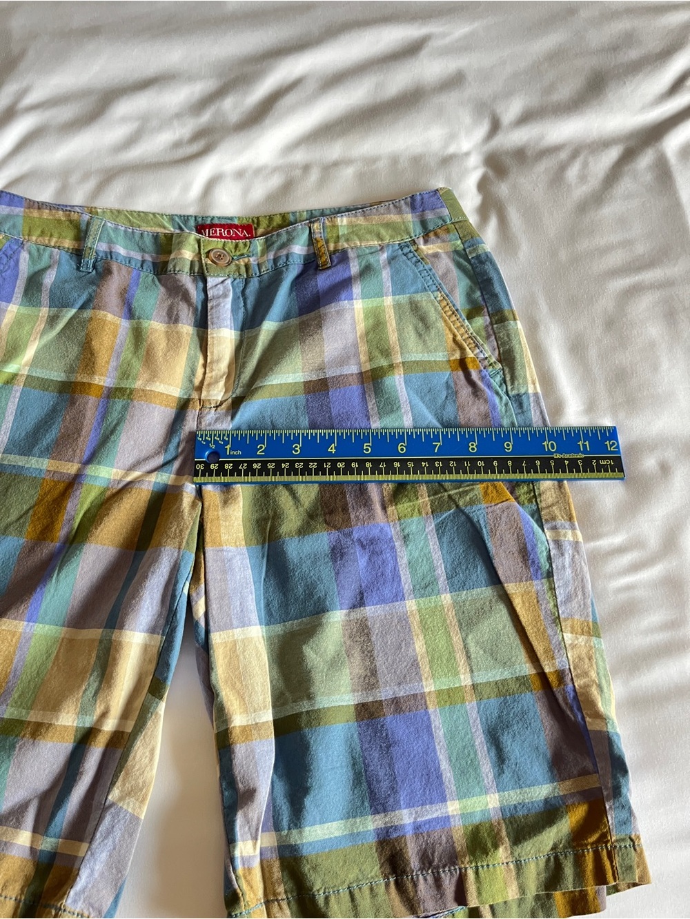 Merona Women Plaid Shorts Size 8 Cotton Blue Green Brown Casual Summer Chino - Picture 7 of 16